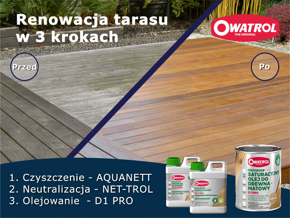 Odnawianie drewnianego tarasu w 3 krokach: Owatrol Aquanett, Owatrol Net-trol i Owatrol D1 PRO